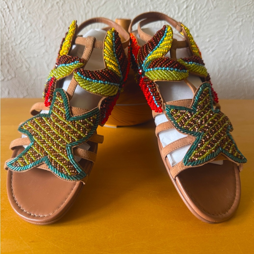 New YSL Yves Saint Laurent Flower Starfish Beaded Strappy Sandals Sz 38